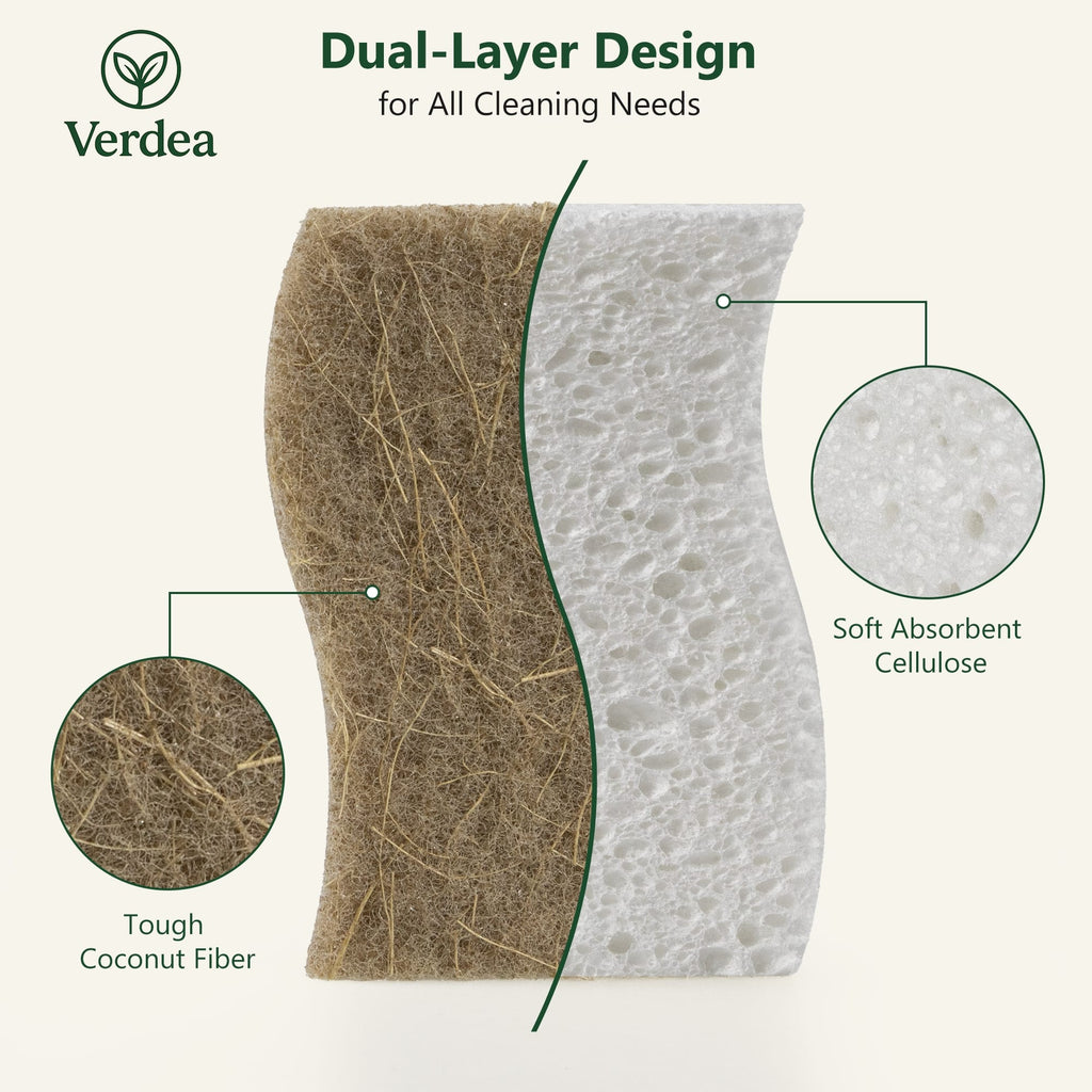 Natural Coconut Fiber & Cellulose Dish Sponges – 6 Pack, Eco-Friendly Biodegradable Kitchen Cleaning Sponges