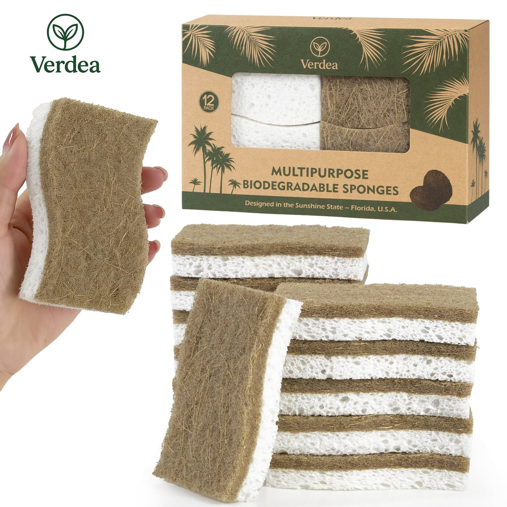 Eco-Friendly Coconut Fiber Sponges – 12 Pack Cellulose Scrub Pads for Kitchen, Non-Scratch & Compostable