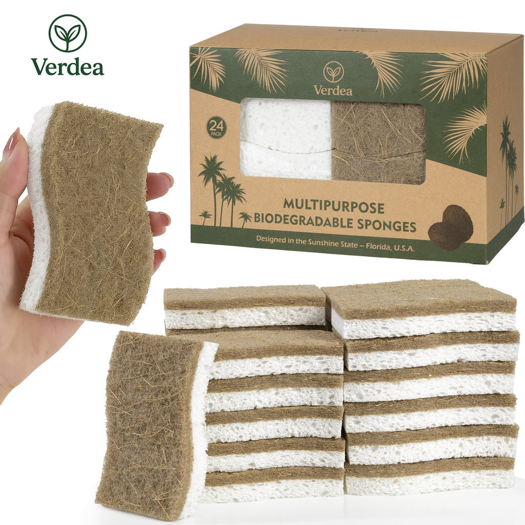 Natural Coconut & Cellulose Sponges – 24 Pack Biodegradable Dishwashing Pads, Plastic-Free Cleaning