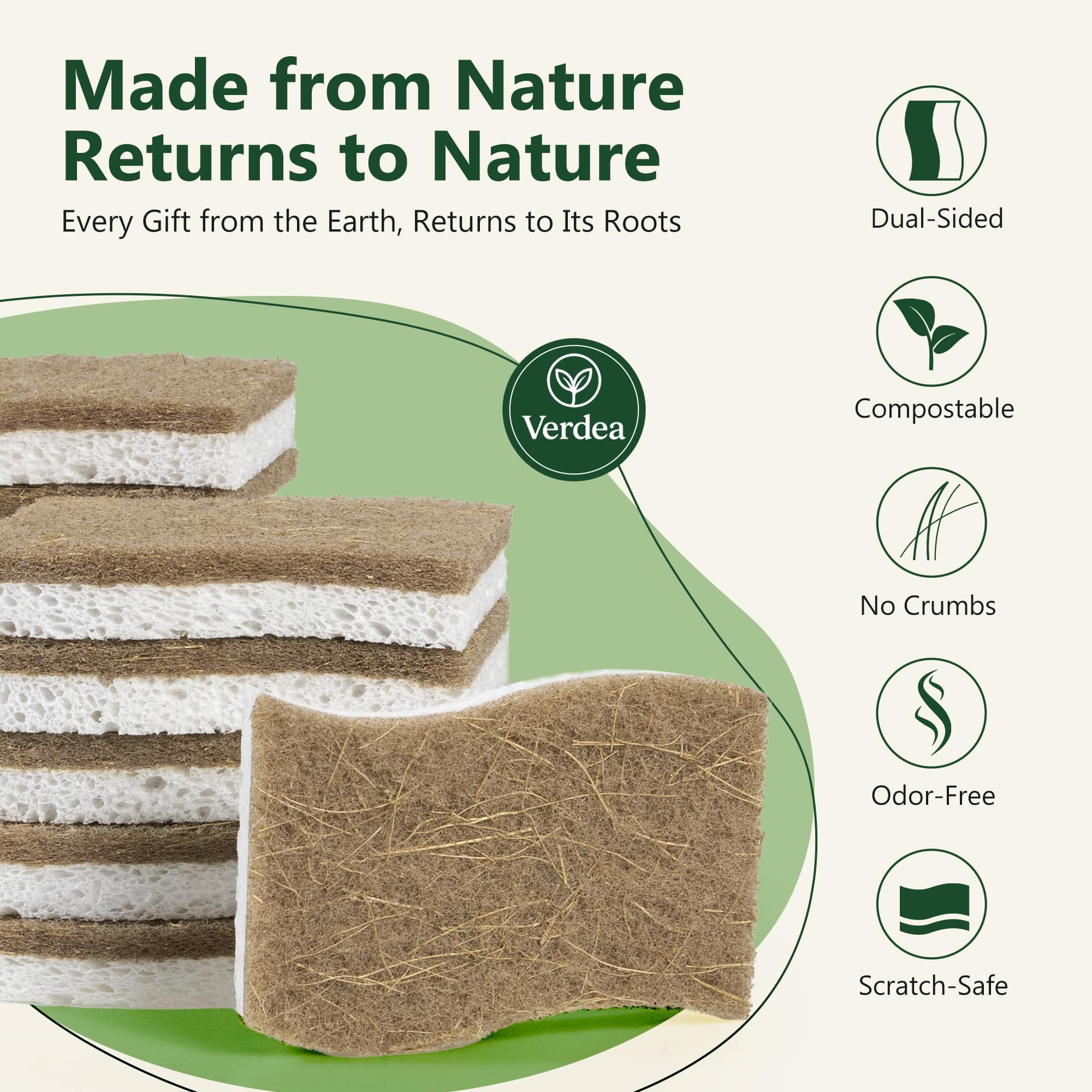 Natural Coconut Fiber & Cellulose Dish Sponges – 6 Pack, Eco-Friendly Biodegradable Kitchen Cleaning Sponges