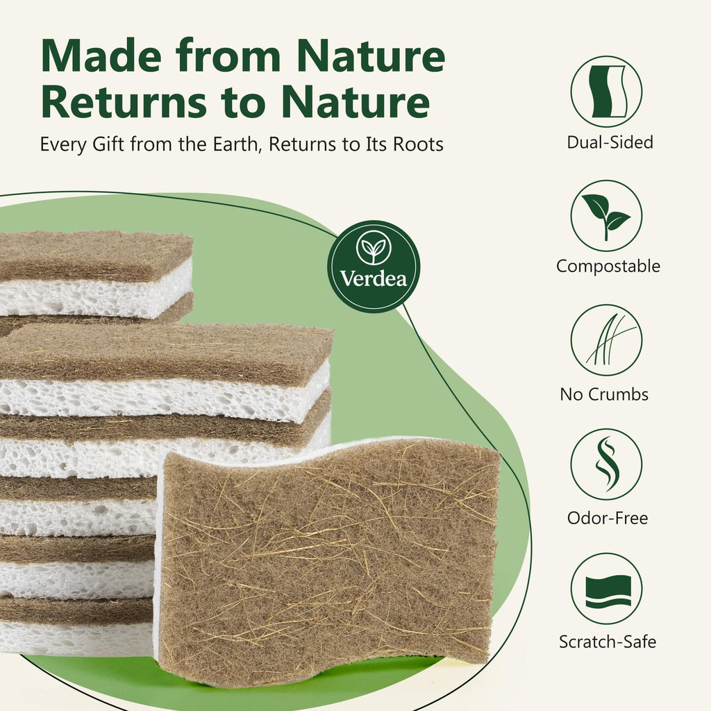 Natural Coconut & Cellulose Sponges – 24 Pack Biodegradable Dishwashing Pads, Plastic-Free Cleaning