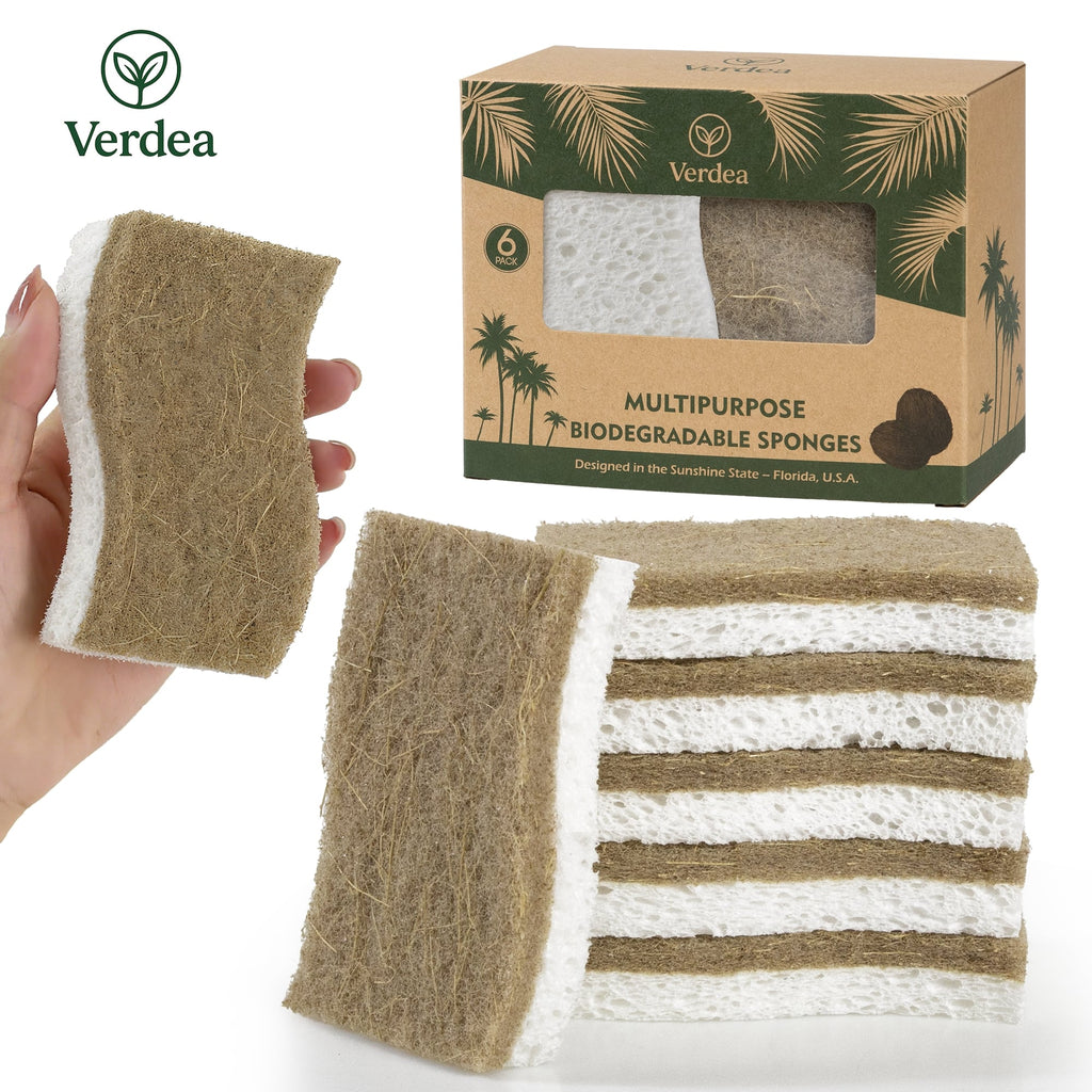 Natural Coconut Fiber & Cellulose Dish Sponges – 6 Pack, Eco-Friendly Biodegradable Kitchen Cleaning Sponges